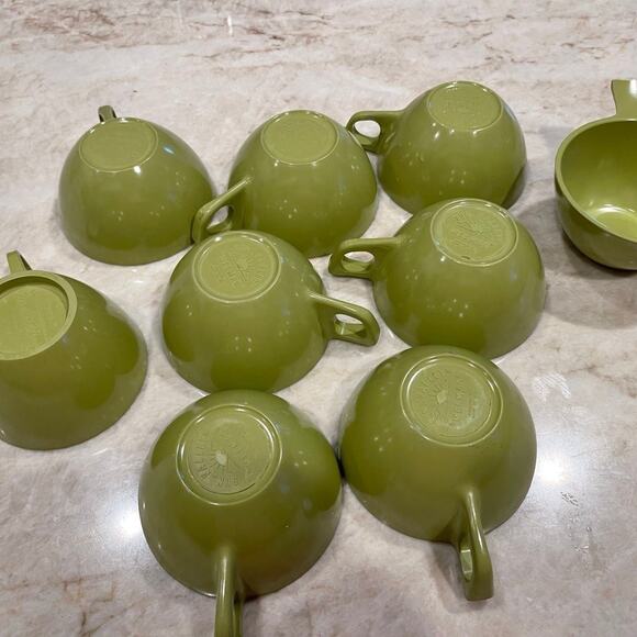 Melmac melamine coffee or tea set with cream and sugar  avocado green. Retro - Picture 7 of 12